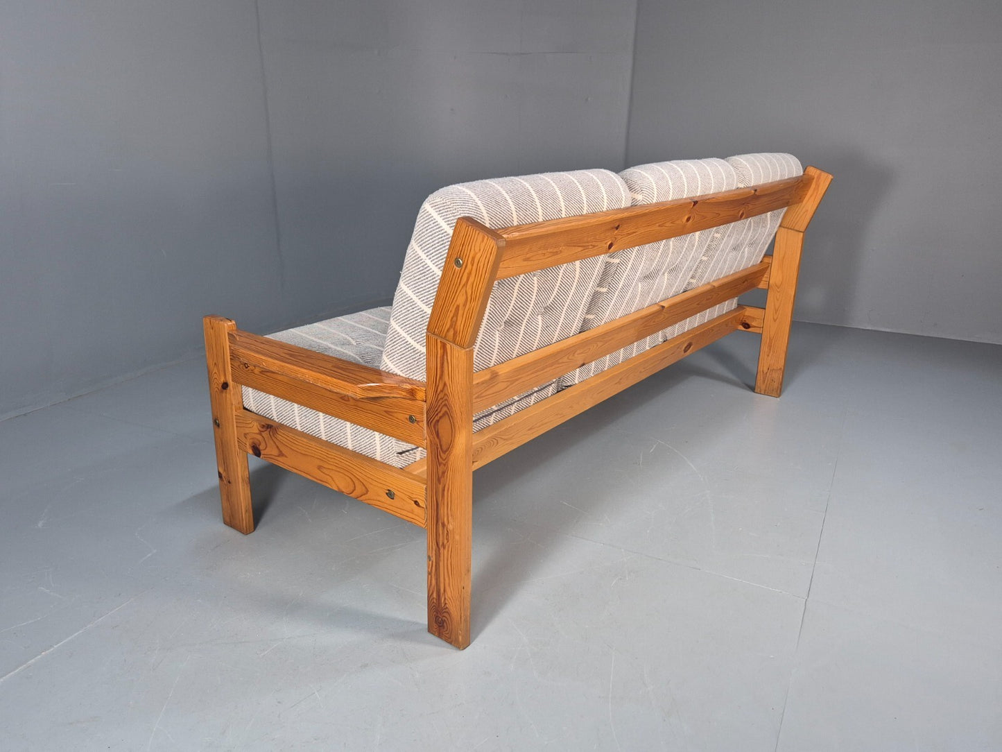 Vintage 3 Seater Pine Sofa Danish 1970s Retro Design Grey Striped EB9373 M3SS - UKDK FURNITURE