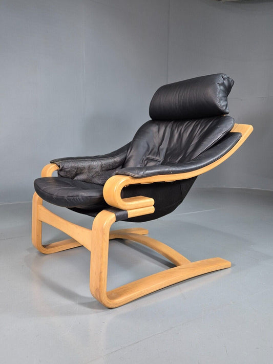 Vintage Danish Lounge Chair Black Leather Bentwood Skippers Retro EB7591 MBEN - UKDK FURNITURE