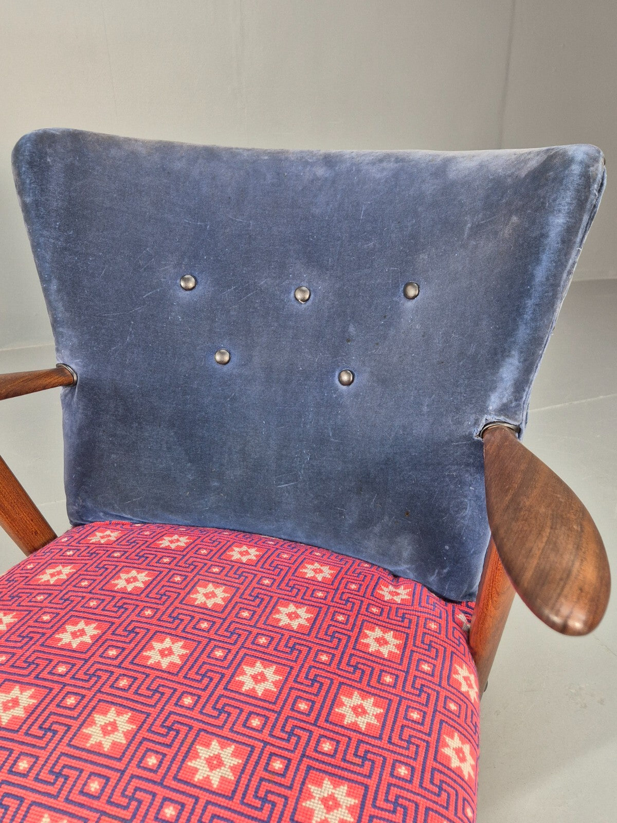 Danish 1960s Armchair Teak Blue Pink Fabric Eran Møbler EB9316 MNOR - UKDK FURNITURE