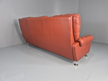 Vintage 3 seat Settee 1970s Retro Danish Red Tan Leather Buttoned EB10555 M3SS20