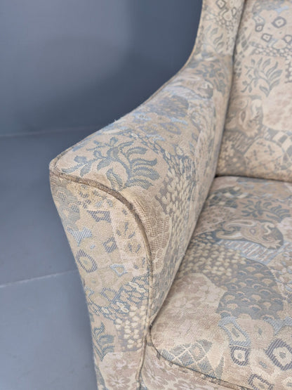 Vintage Danish Wingback Armchair Cream Grey Abstract Print Retro EB9695 MNOR - UKDK FURNITURE