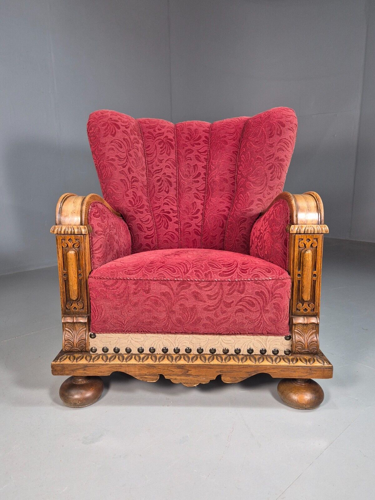 Vintage Danish Lounge Chair Red Moquette Oak Shell Back Antique 1930 EB8280 VCLO - UKDK FURNITURE
