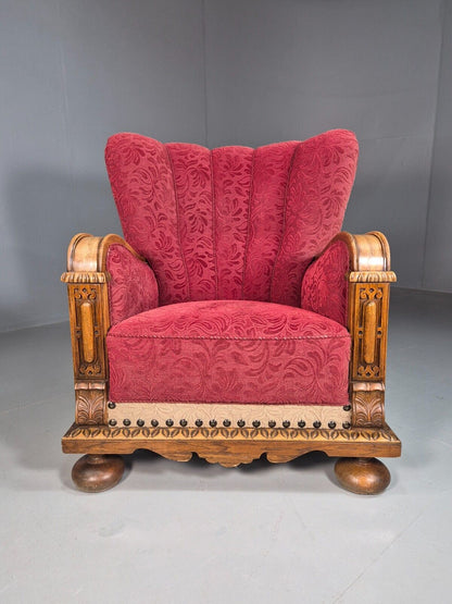 Vintage Danish Lounge Chair Red Moquette Oak Shell Back Antique 1930 EB8280 VCLO - UKDK FURNITURE