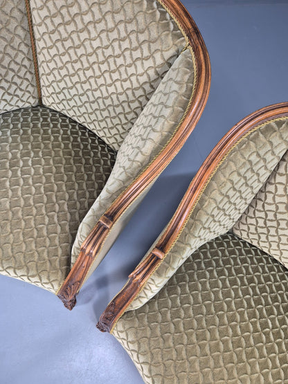 2 Antique Tub Chairs Oak Carved Frame Green Patterned Velvet 1920s EB10741 VCAR5