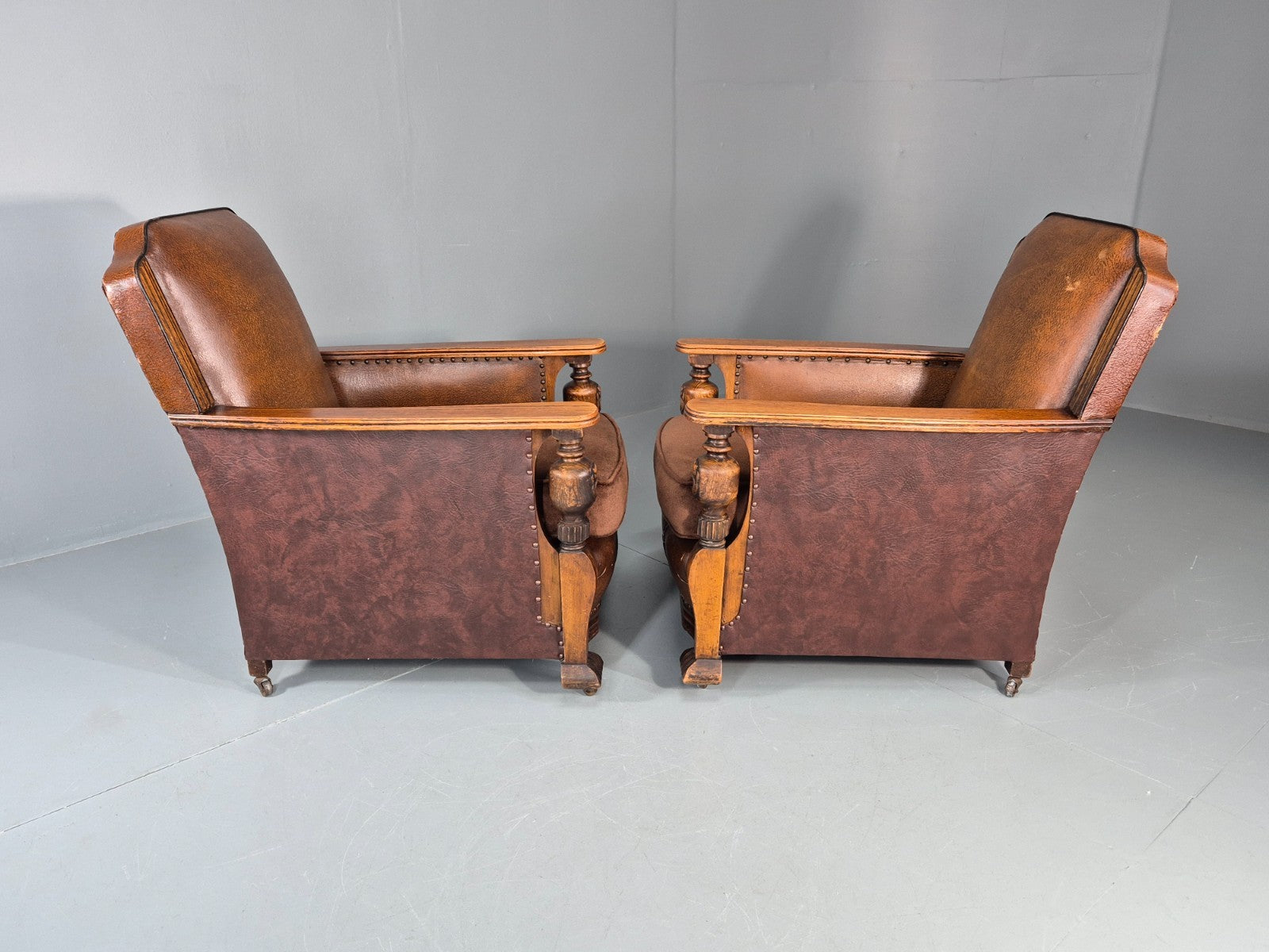 2 Edwardian Lounge Chairs Baroque Oak Frame Rexine and Velour EB11264 VLEA19