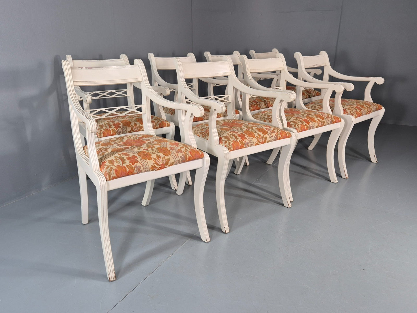 8 Regency Style Dining Chairs 1970s Retro Repro Floral Pads Armed EB11035 MDIN1