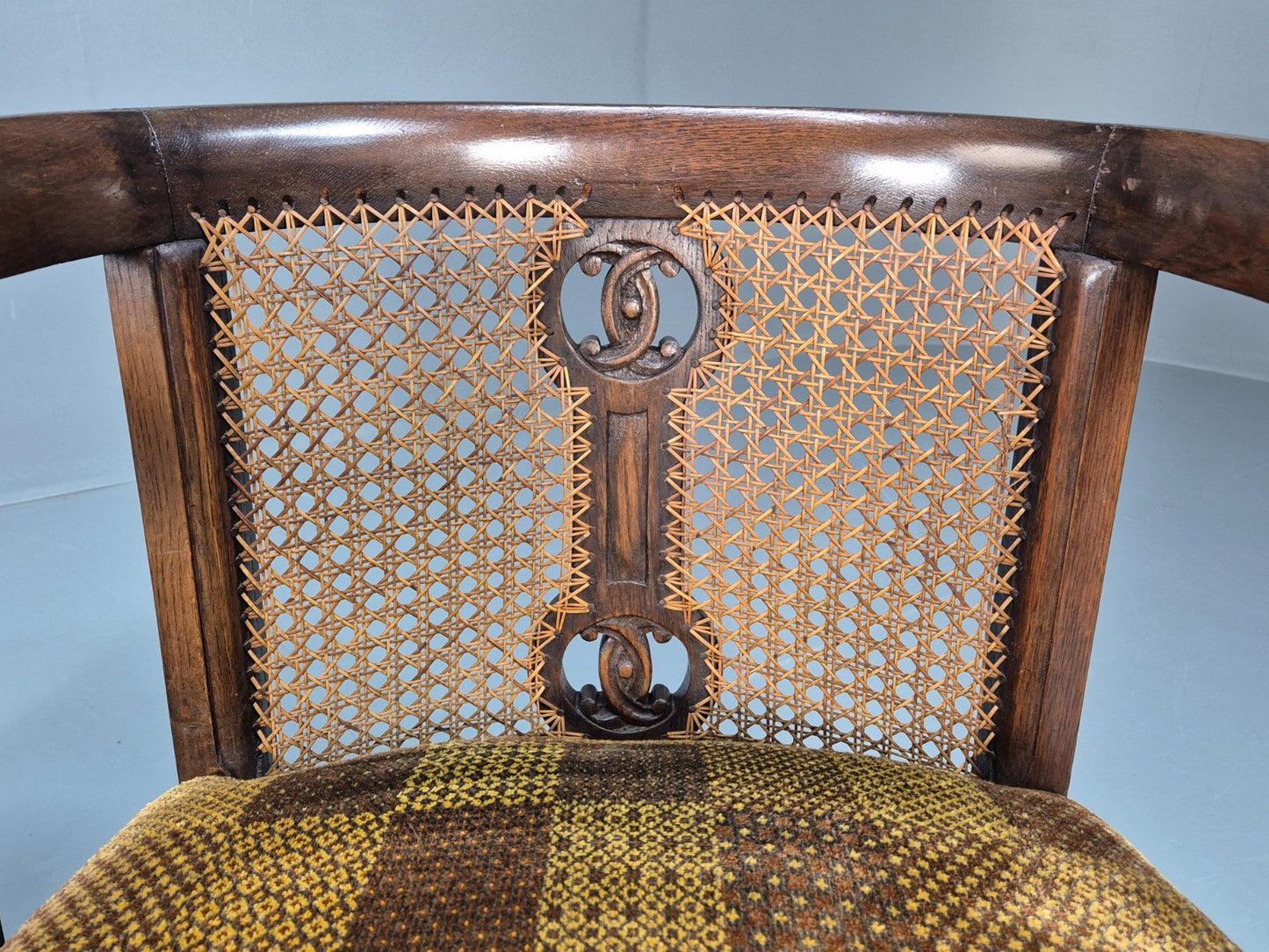 Pair Art Deco Tub Chairs Bergere Back Oak Frame Brown Velour 1930s EB10696 VCAR6