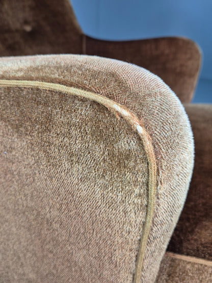 Mid Century Tub Chair Danish 1960s Brown Velour Retro Buttons EB10755 MNOR7