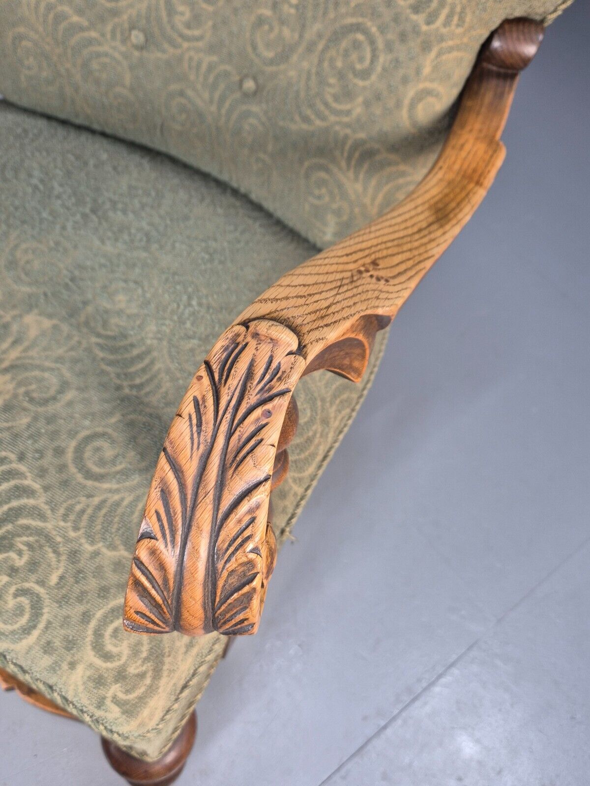 Vintage Danish Lounge Chair Green Moquette Carved Oak Frame 1940s EB8998 VCLO - UKDK FURNITURE