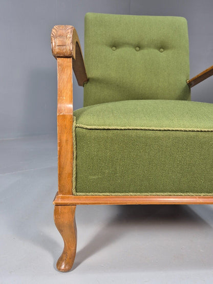 Vintage Danish Lounge Chair Green Wool Wood Arms Art Deco 1950s EB8973 VCLO - UKDK FURNITURE