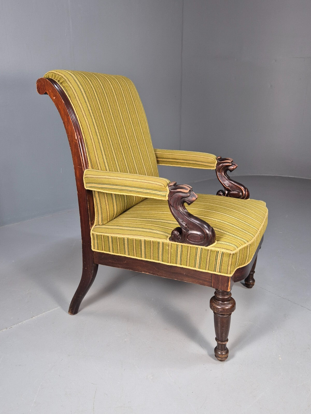 Antique Green Striped Armchair Carved Lion Figures Danish Mahogany EB9626 VCAR - UKDK FURNITURE