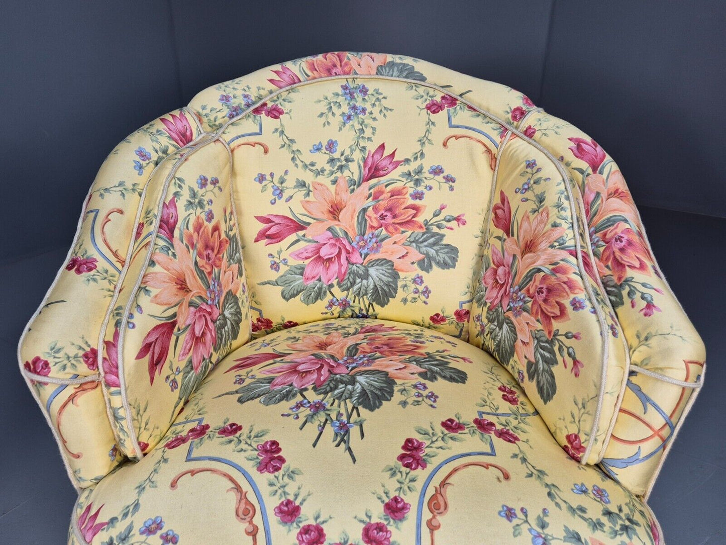 Pair Vintage Danish Floral Print Antique Tub Chairs Walnut Legs EB9012 VCLO - UKDK FURNITURE