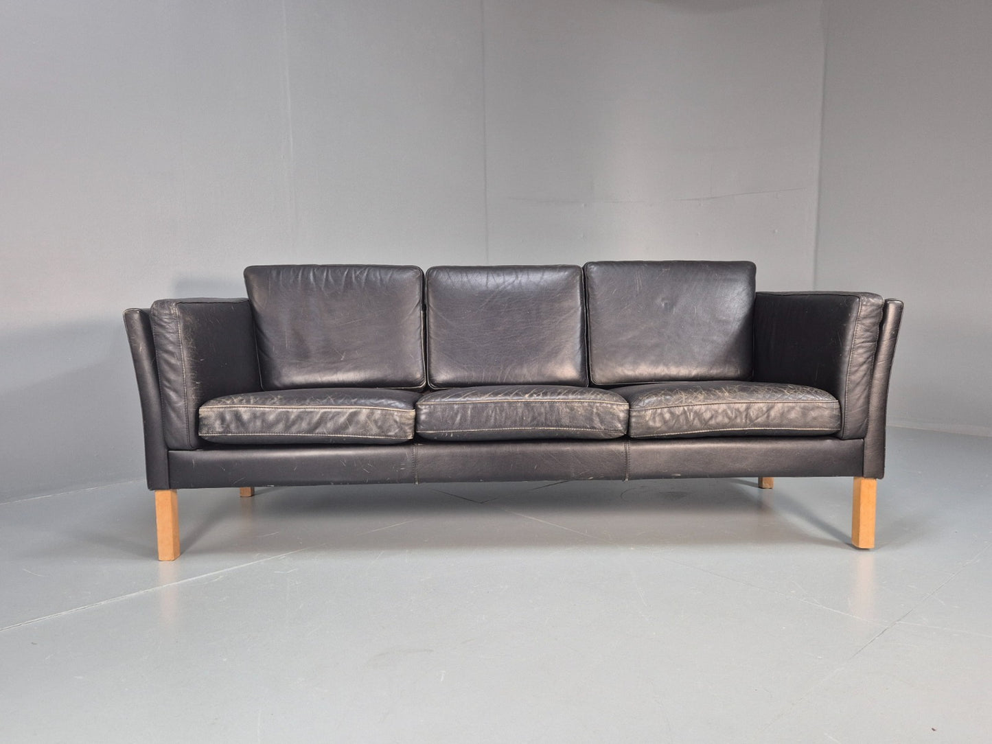 Vintage 3 Seat Sofa Danish Black Leather Mid Century Retro 1980s EB10073 M3SS5