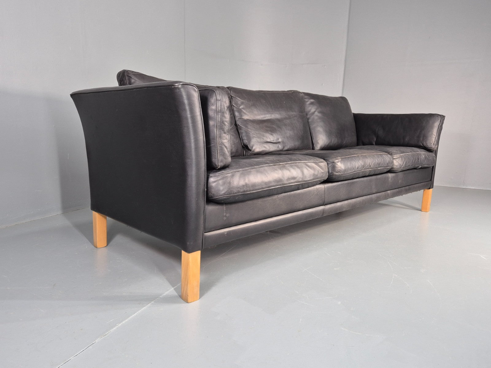 Vintage 3 Seat Sofa Danish Black Leather Mid Century Retro 1980s EB10483 M3SS1