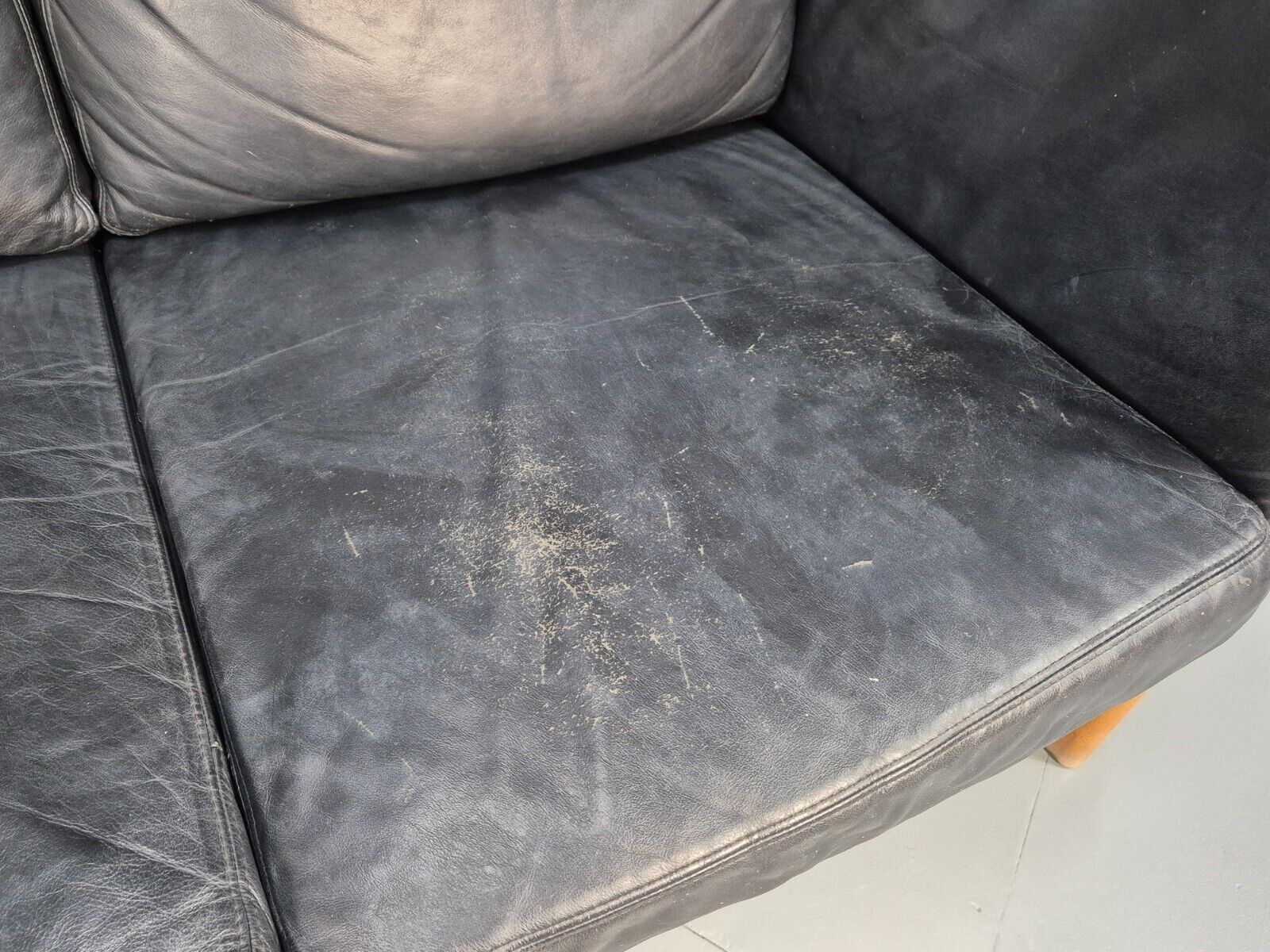 Vintage 3 Seat Sofa Black Leather Beech Ends Stouby Retro 1980s MCM EB8593 M3SS - UKDK FURNITURE