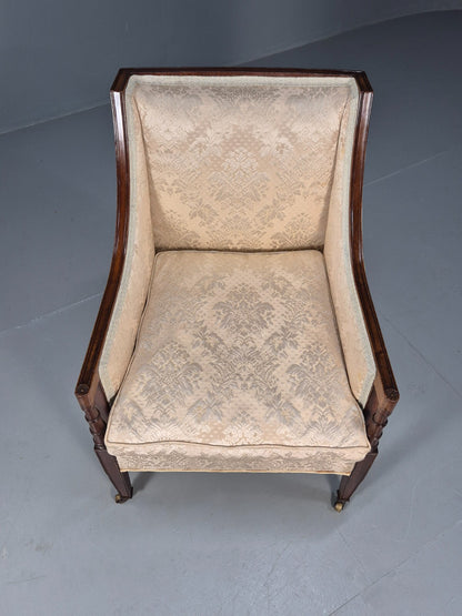 Antique Edwardian Mahogany Armchair Satin Creme Leaf Pattern Fabric EB8446 VCLO - UKDK FURNITURE