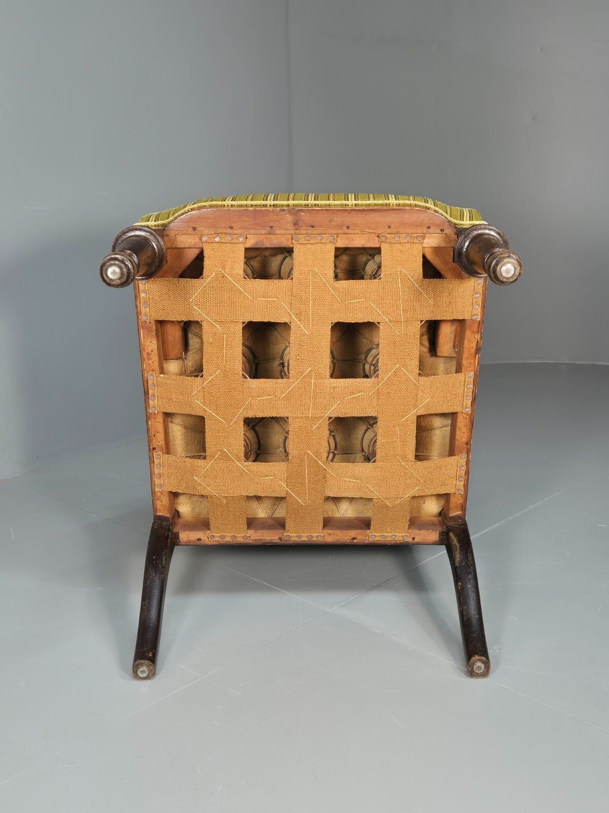 Antique Green Striped Armchair Carved Lion Figures Danish Mahogany EB9626 VCAR - UKDK FURNITURE
