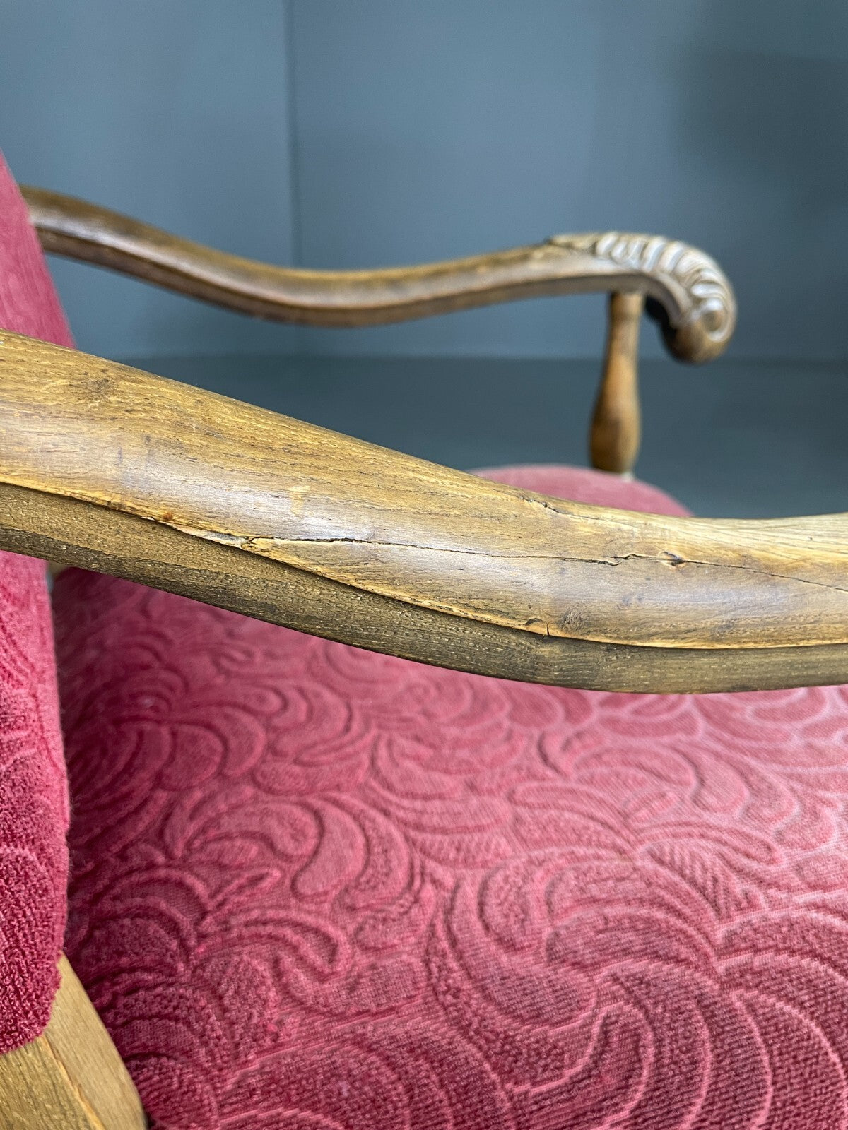 Vintage Danish Lounge Chair Oak Red Moquette 17th Century Style EB6942 VCLO17