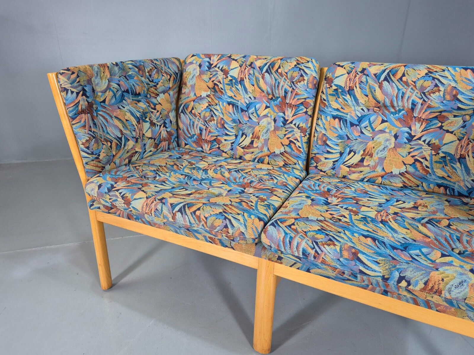 Vintage Danish 2 Seat Sofa Blue Floral Beech Frame 1980s Retro EB7453 M2SS - UKDK FURNITURE