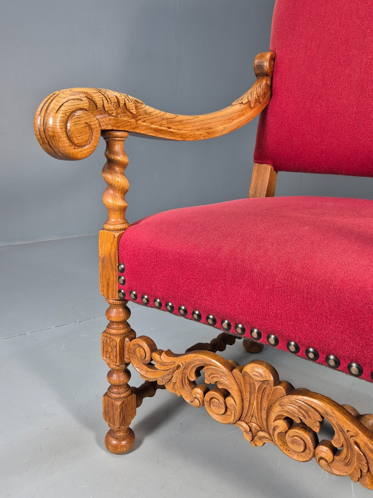 Vintage Danish Baroque Style Armchair in Red Wool and Oak 1950s EB9582 VCAR - UKDK FURNITURE