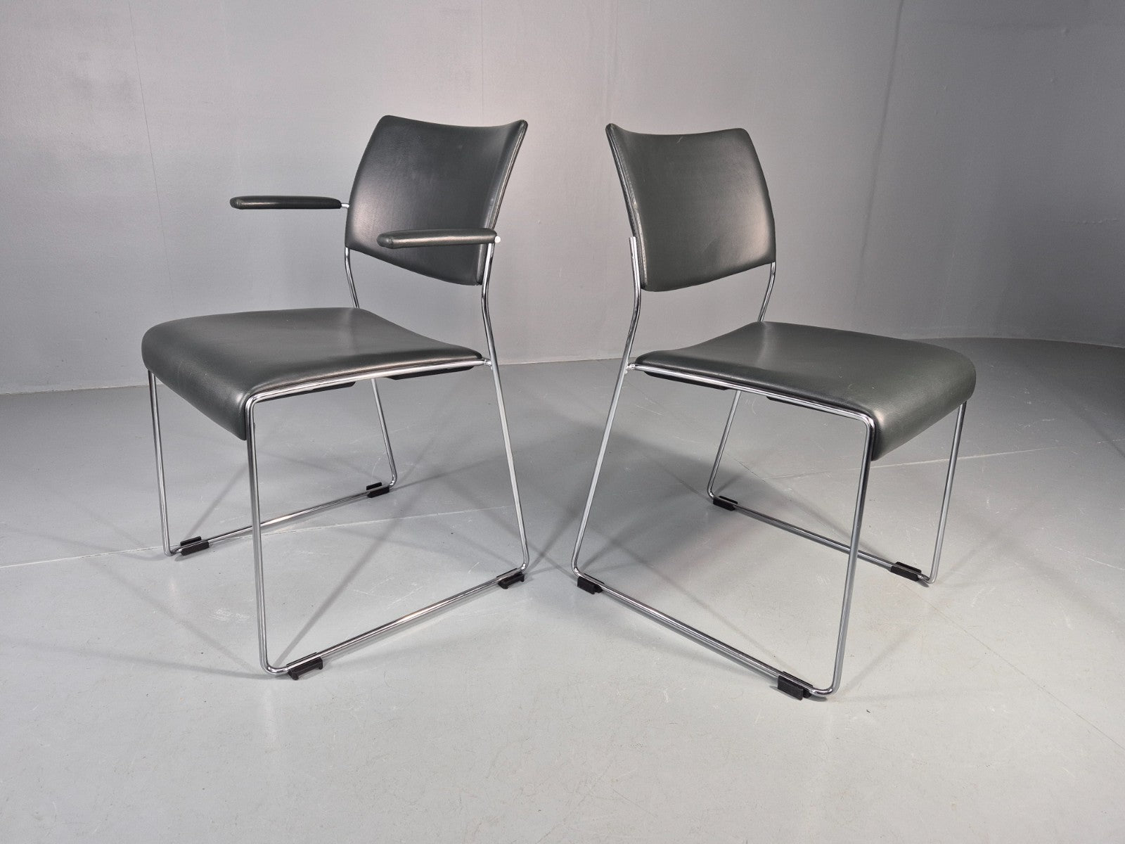 6 Leather Stacking Chairs Brunner Linos Dark Green Chrome Modern EB11734 MSTA1