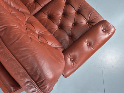 Vintage 3 seat Settee 1970s Retro Danish Red Tan Leather Buttoned EB10555 M3SS19