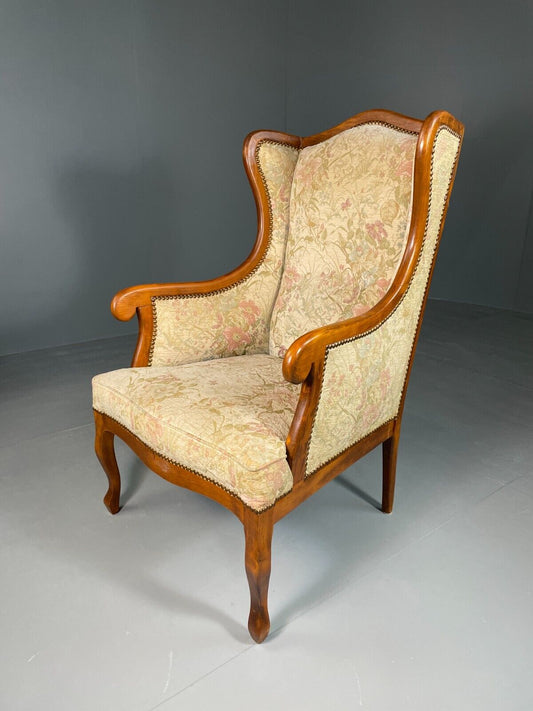 EB6426 Vintage Danish Wing Back Lounge Chair Haedwood Frame Floral Antique VCLO - UKDK FURNITURE