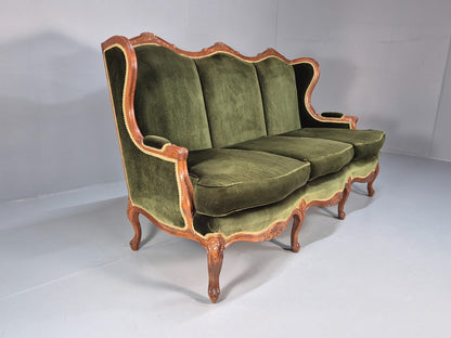 Vintage Rococo Style Three Seater Sofa Green Velour Carved Frame   EB10567 V3SS11