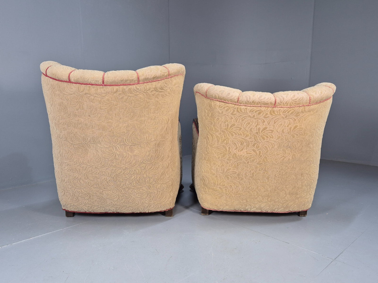 Art Deco Style Armchairs Pair Carved Oak Figures Creme Red Velour EB9586 VCAR - UKDK FURNITURE