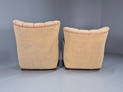 Art Deco Style Armchairs Pair Carved Oak Figures Creme Red Velour EB9586 VCAR - UKDK FURNITURE