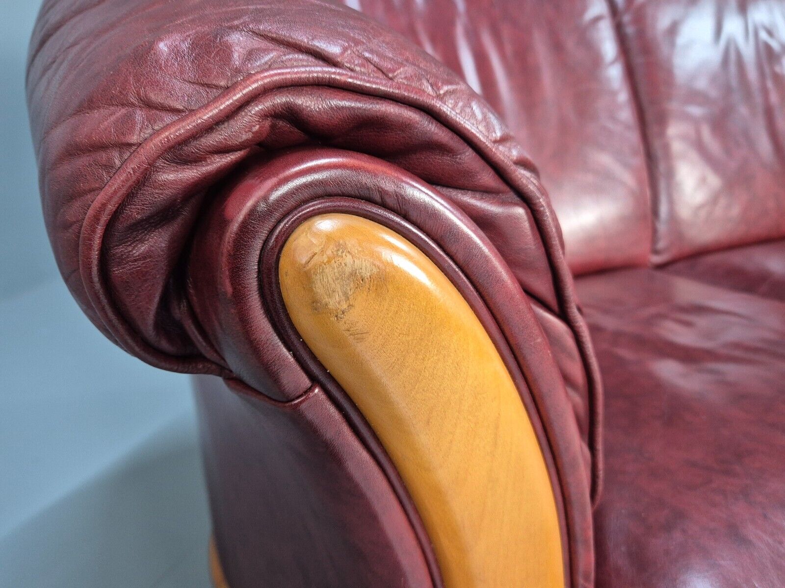 Vintage Danish 2 Seat Sofa Red Leather Wood Trim 1990s Retro EB8567 M2SS - UKDK FURNITURE