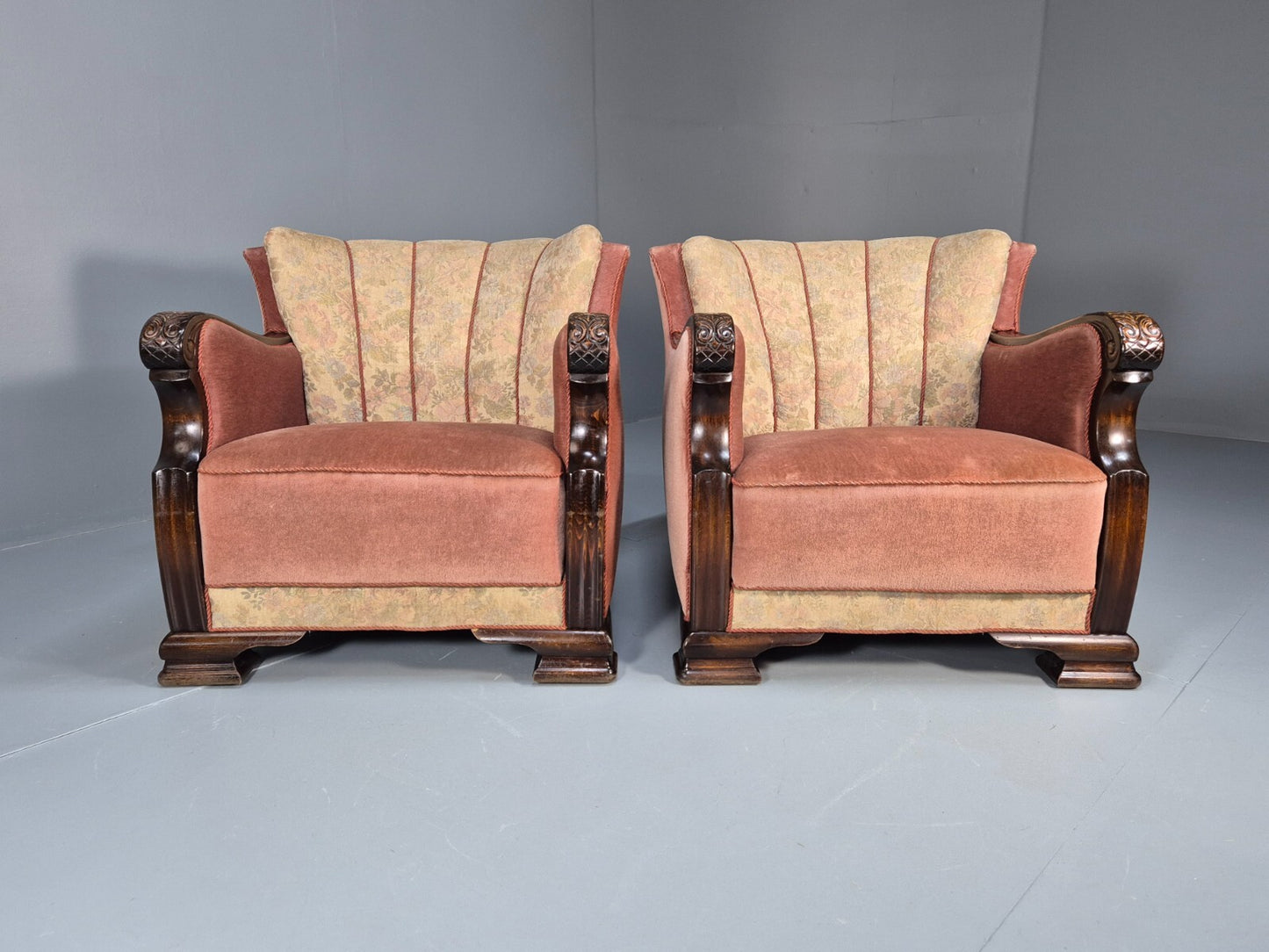 2 Vintage Danish Pink and Cream Art Deco Lounge Chairs 1940s EB9667 VCLO - UKDK FURNITURE