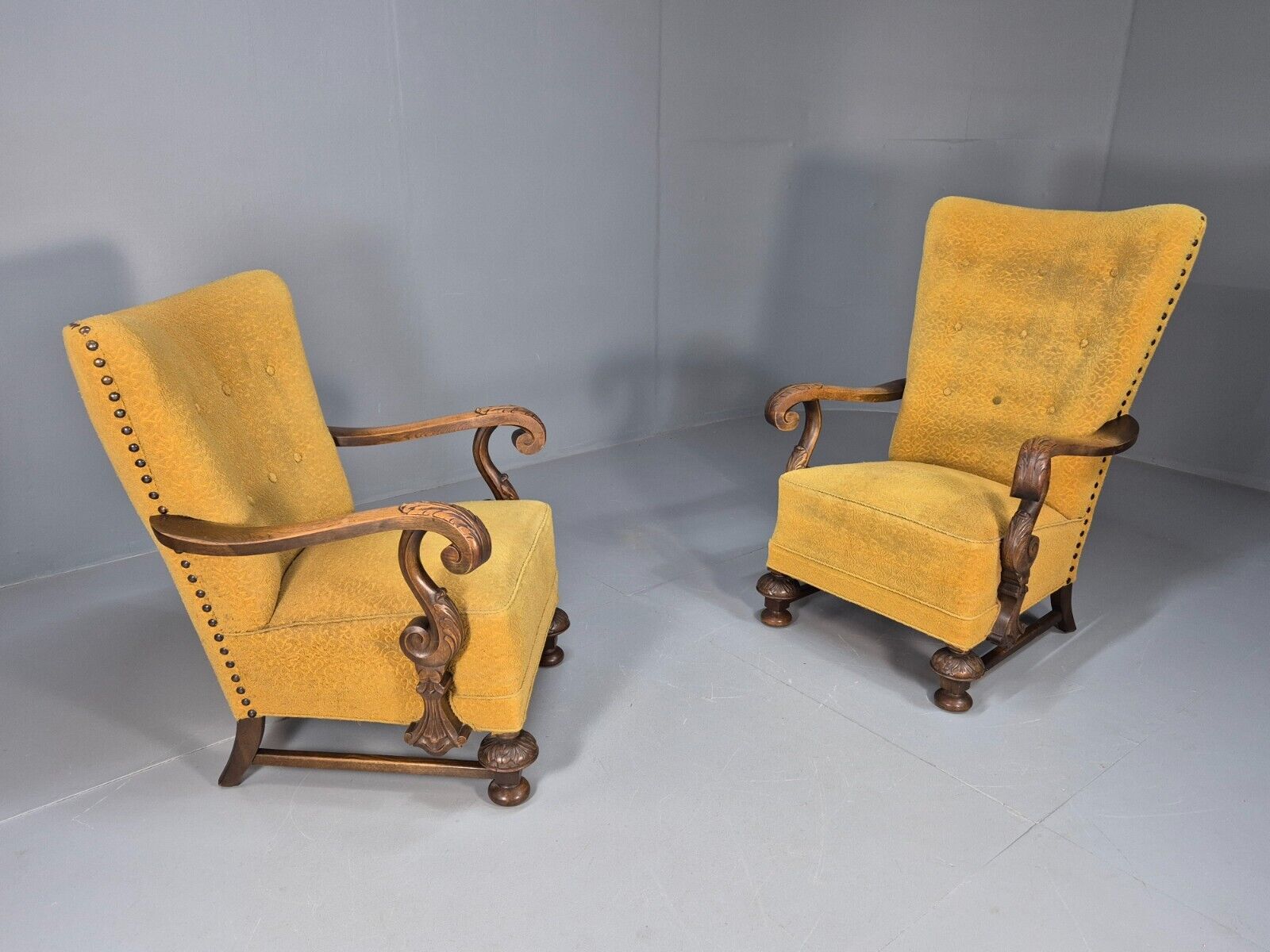 2 Vintage Baroque Armchgairs in Oak and Mustard Moquette 1940s EB9005 VCLO - UKDK FURNITURE