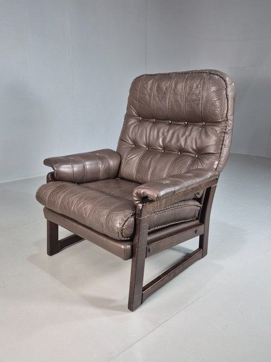 Vintage Danish Lounge Chair Brown Leather Buttoned 1970s Retro MCM EB8239 MNOR - UKDK FURNITURE