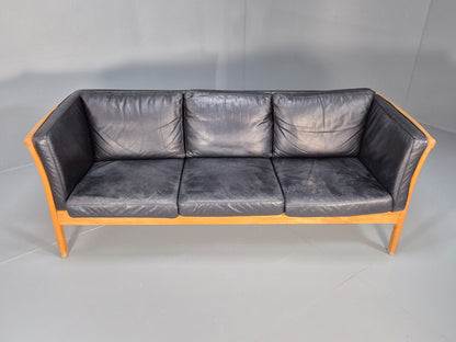 Vintage 3 Seat Sofa Black Leather Beech Ends Stouby Retro 1980s MCM EB8593 M3SS - UKDK FURNITURE