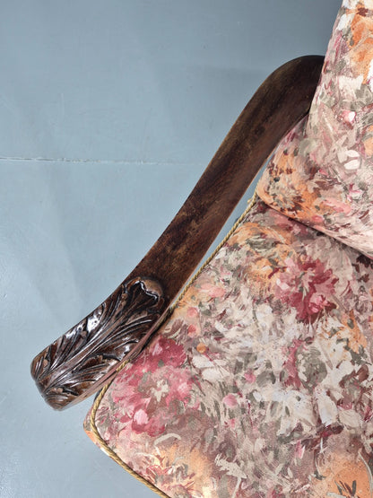 Vintage Carved Oak Chair Floral Fabric 1940s Traditional Curved EB10752 VCAR4