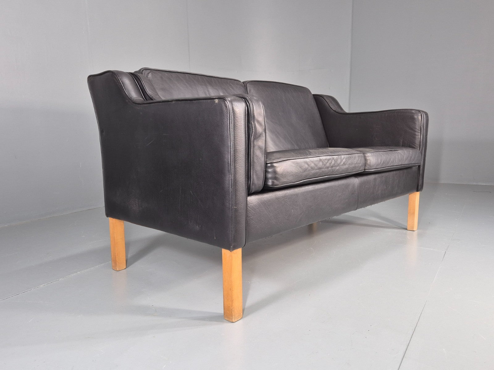 Vintage 2 Seat Sofa Danish Black Leather Mogensen Style Retro 1980s EB10464 M2SS1
