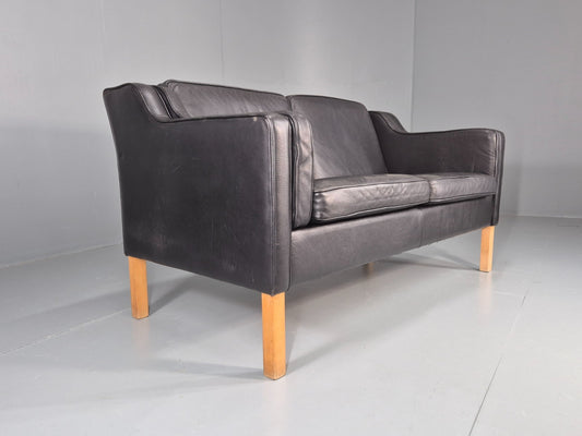 Vintage 2 Seat Sofa Danish Black Leather Mogensen Style Retro 1980s EB10464 M2SS1