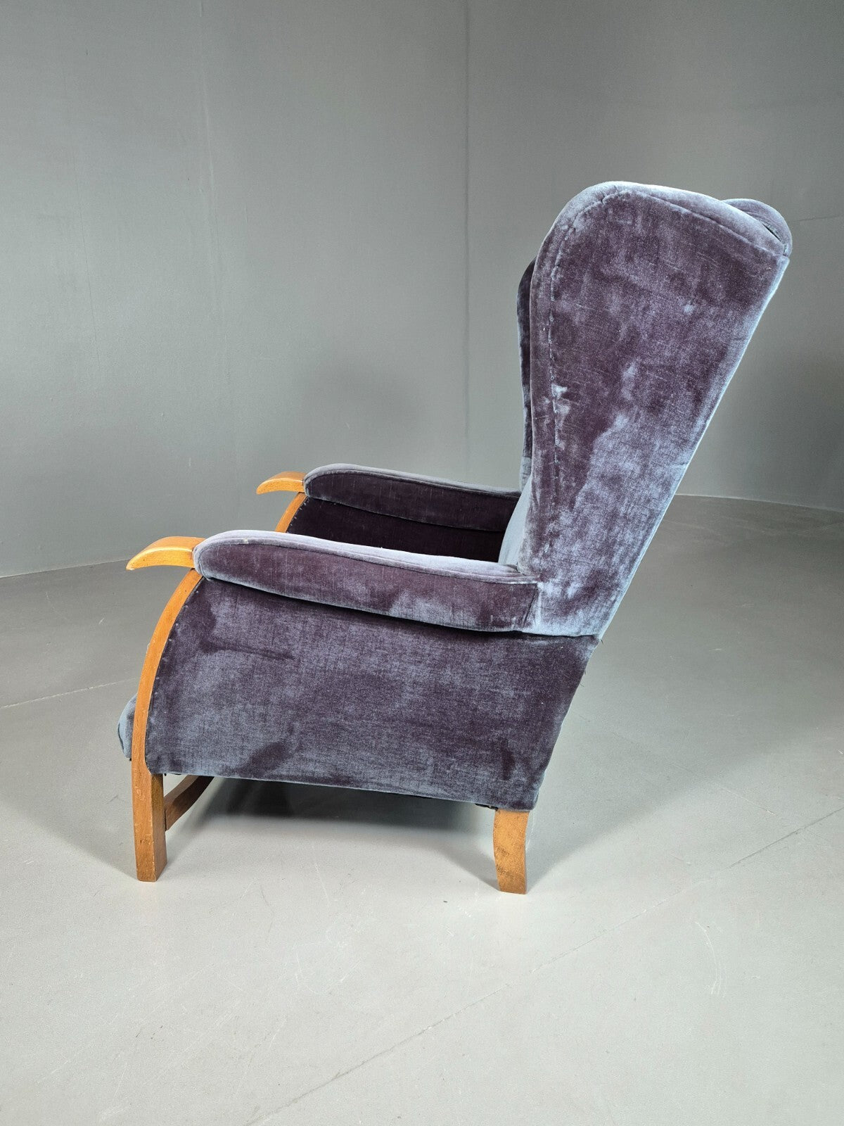 Vintage Lounge Wingback Chair Blue Velour Beech Frame 1950 Retro MCM EB7108 VCLO7