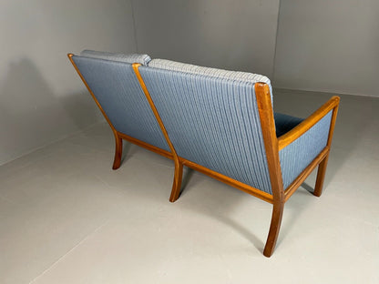 Vintage Danish 2 Seat Sofa Mahogany Frame Blue Cotton Wanscher MCM EB6970 M2SS - UKDK FURNITURE