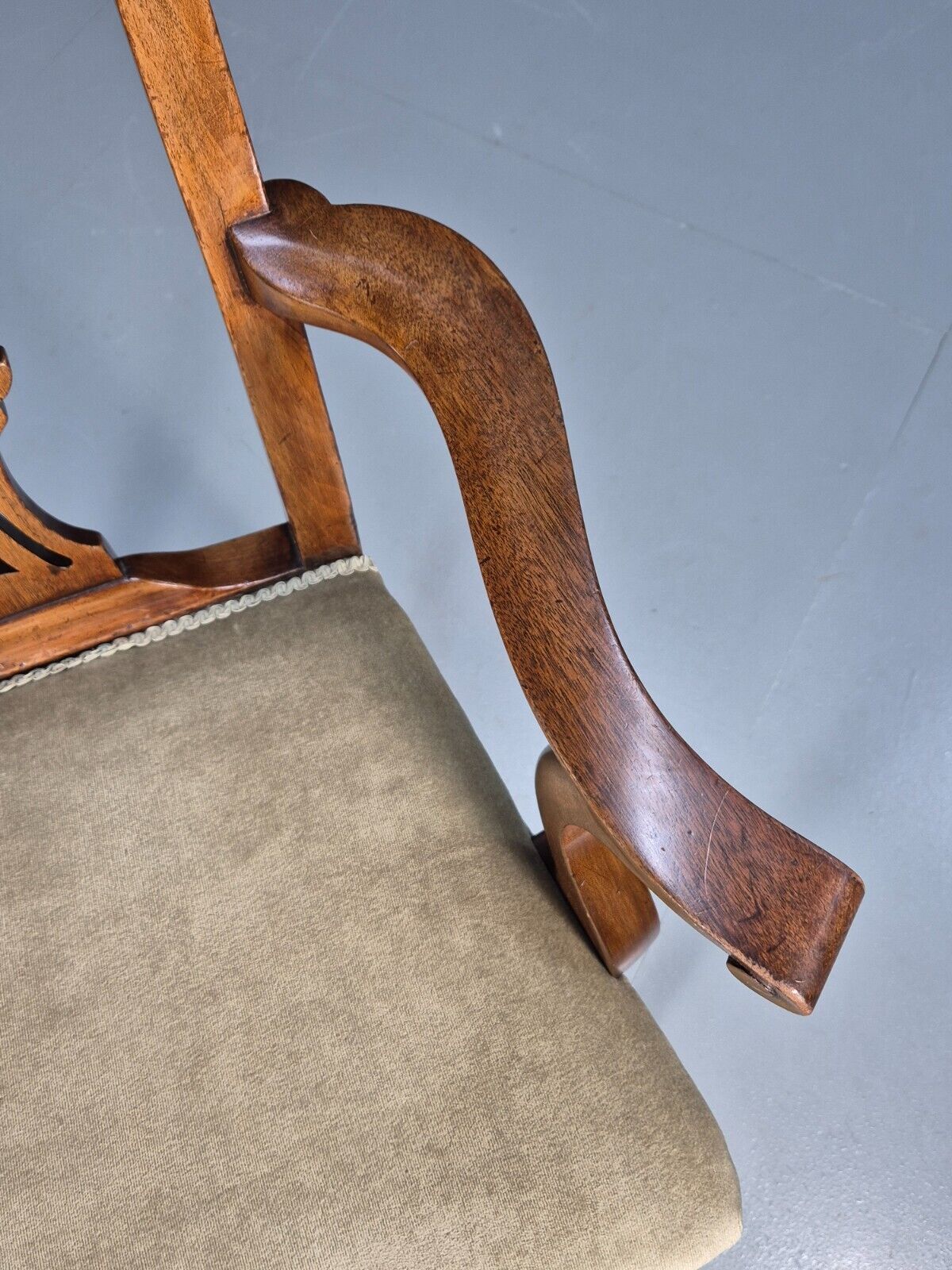 Antique Georgian Style Elbow Chair Mahogany Pad Feet Green Seat EB9387 VDIN - UKDK FURNITURE