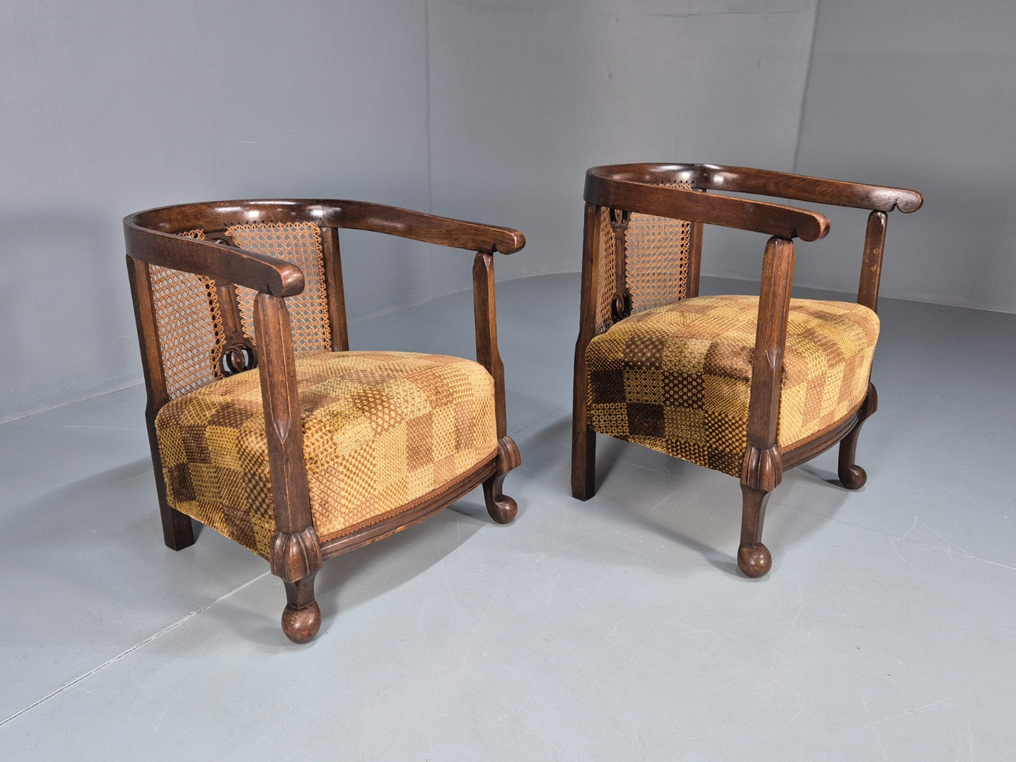Pair Art Deco Tub Chairs Bergere Back Oak Frame Brown Velour 1930s EB10696 VCAR8