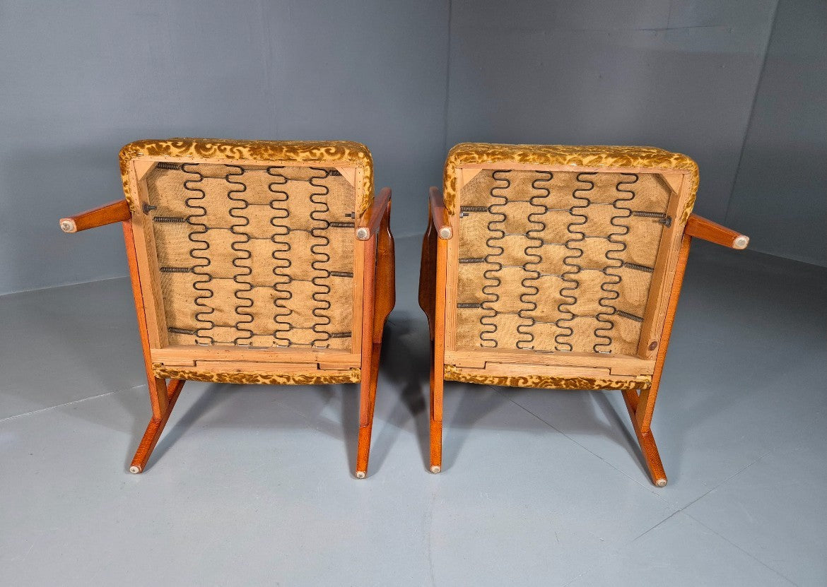 2 Swedish Lounge Chairs Gold Floral Moquette Beech Vintage 1960s MCM EB7031 MNOR12