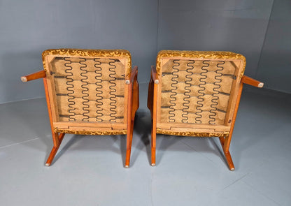 2 Swedish Lounge Chairs Gold Floral Moquette Beech Vintage 1960s MCM EB7031 MNOR12