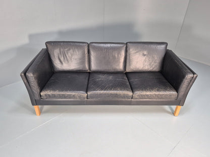 Vintage 3 Seat Sofa Danish Black Leather Mid Century Retro 1980s EB10073 M3SS4