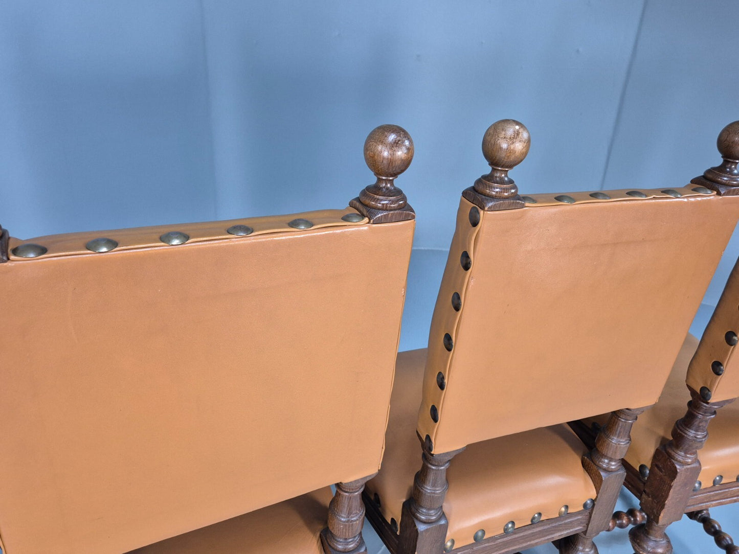 6 Vintage Danish Baroque Style Dining Chairs Oak and Tan Leather EB9649 VDIN - UKDK FURNITURE