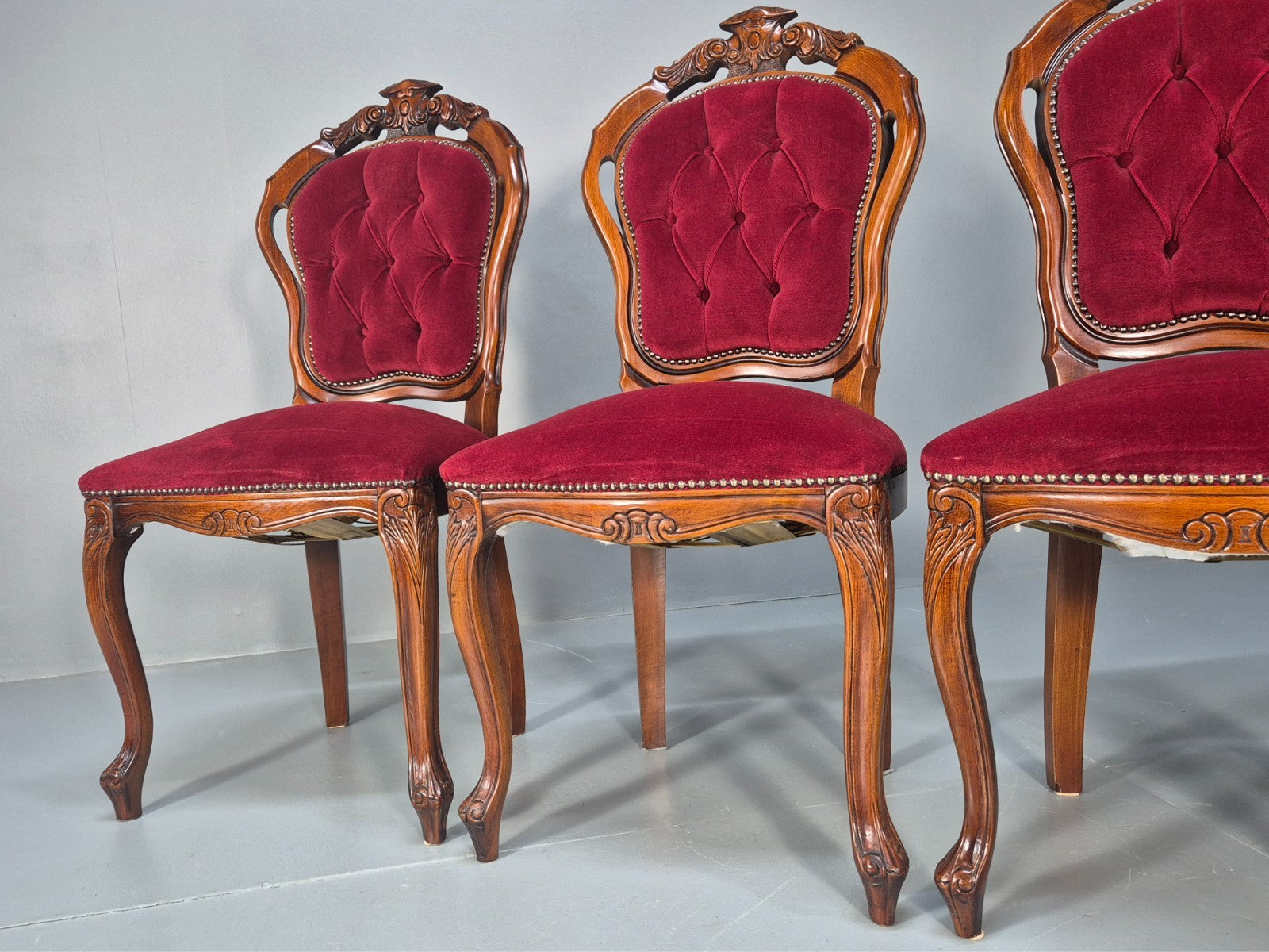 4 Rococo Saloon Chairs Vintage Reproductions Red Velour 1980s EB10691 VDIN10