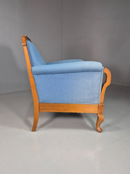 Vintage Danish Lounge Chair Blue Cloth Oak Frame 1900s Antique VCLO EB78137