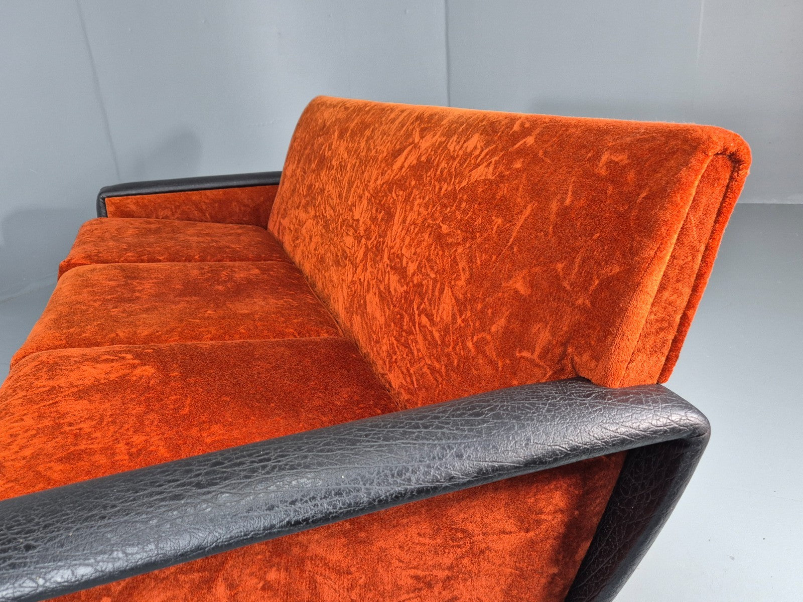 Vintage 3 Seater Sofa Vinyl Orange Velour 1960s Retro Mid Century EB11333 M3SS21