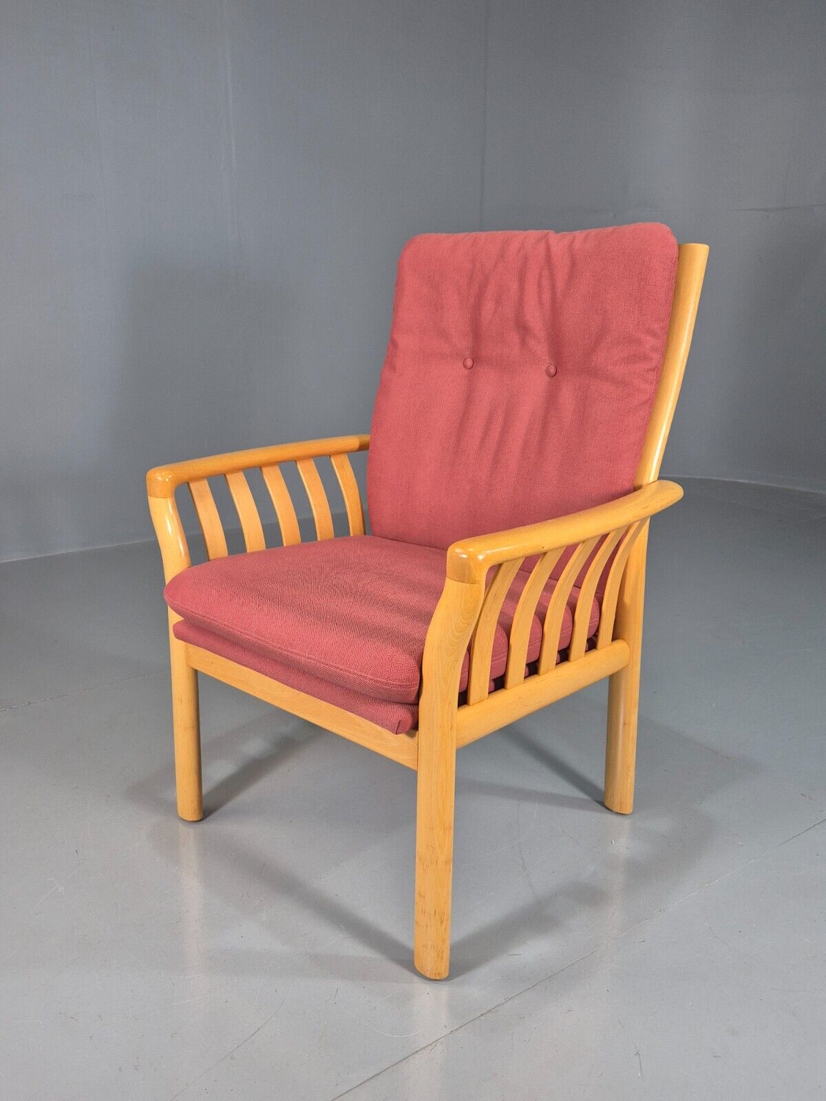 Vintage Danish Lounge Chair Red Cotton Beech Wood Frame 1980s Retro EB7490 MNOR - UKDK FURNITURE